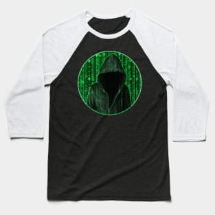 Hooded hacker in binary matrix rain Baseball T-Shirt